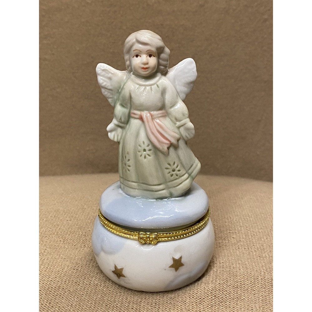 Vintage 1990 Porcelain Angel Girl W Open Arms Trinket Hinged Box Stars & Clouds